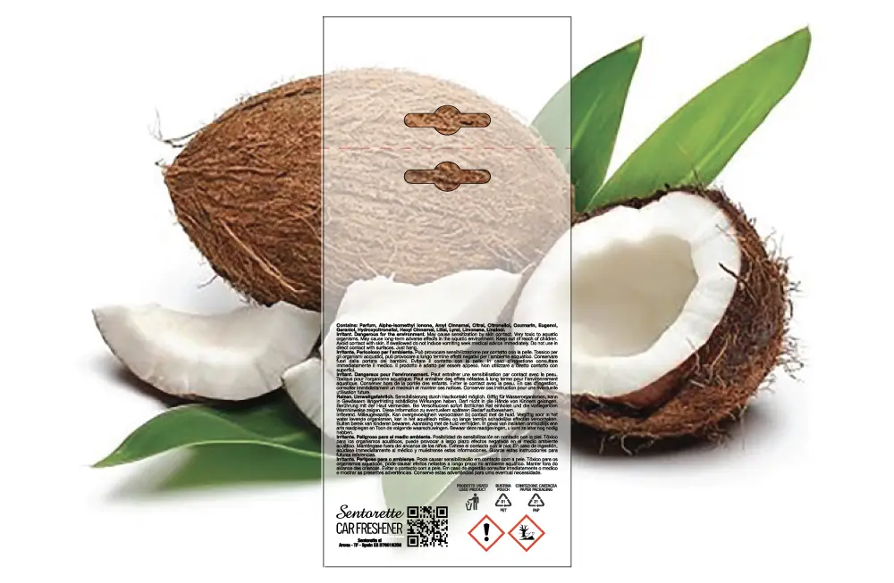 Template packaging personalizzato profumatore auto, fragranza: Cocco – risorsa scaricabile per packaging deodorante auto personalizzato